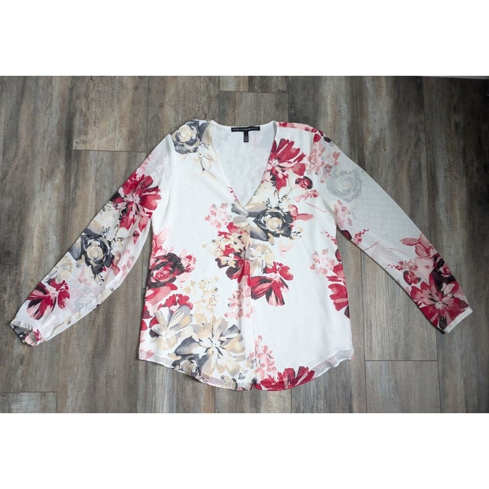 White House Black Market Floral Swiss Dot V-Neck Peasant Blouse 4 Lined Sheer